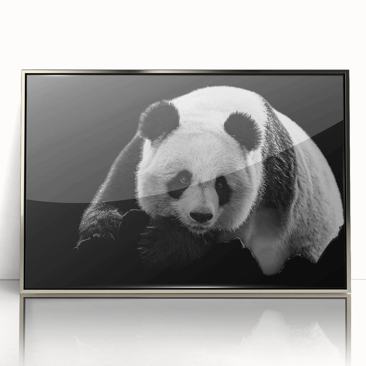 Framed wall art featuring a playful panda bear design with a sleek silver frame, perfect for children's rooms or modern decor, showcasing vibrant colors and whimsical charm.