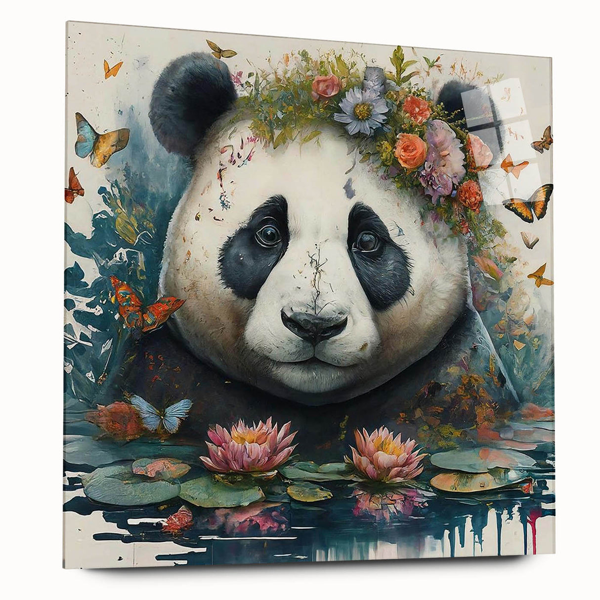 Acrylic glass wall art featuring a playful panda bear design, showcasing vibrant colors and intricate details, perfect for children's room decor or modern art enthusiasts.