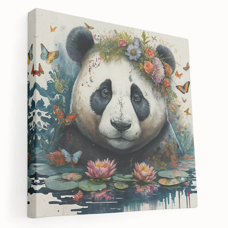 Stretched canvas wall art featuring a whimsical panda bear design, showcasing vibrant colors and playful details, ideal for children's room decor.