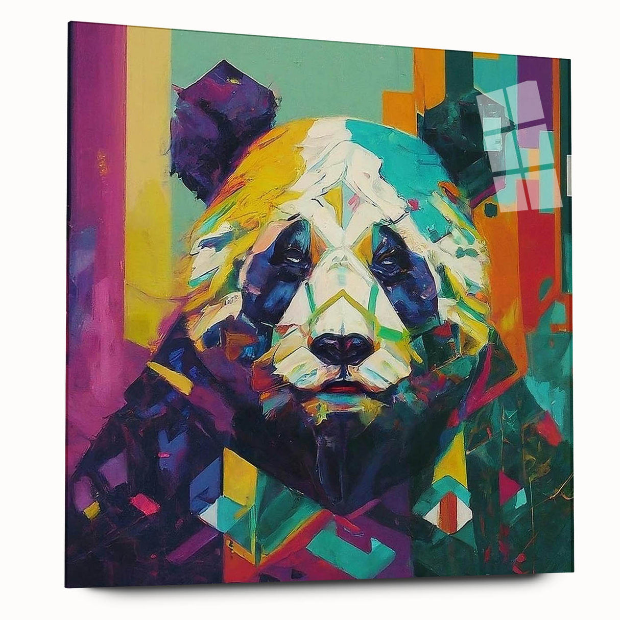 Acrylic glass wall art featuring a playful panda bear design, showcasing vibrant colors and a modern aesthetic, perfect for children's rooms or playful decor.