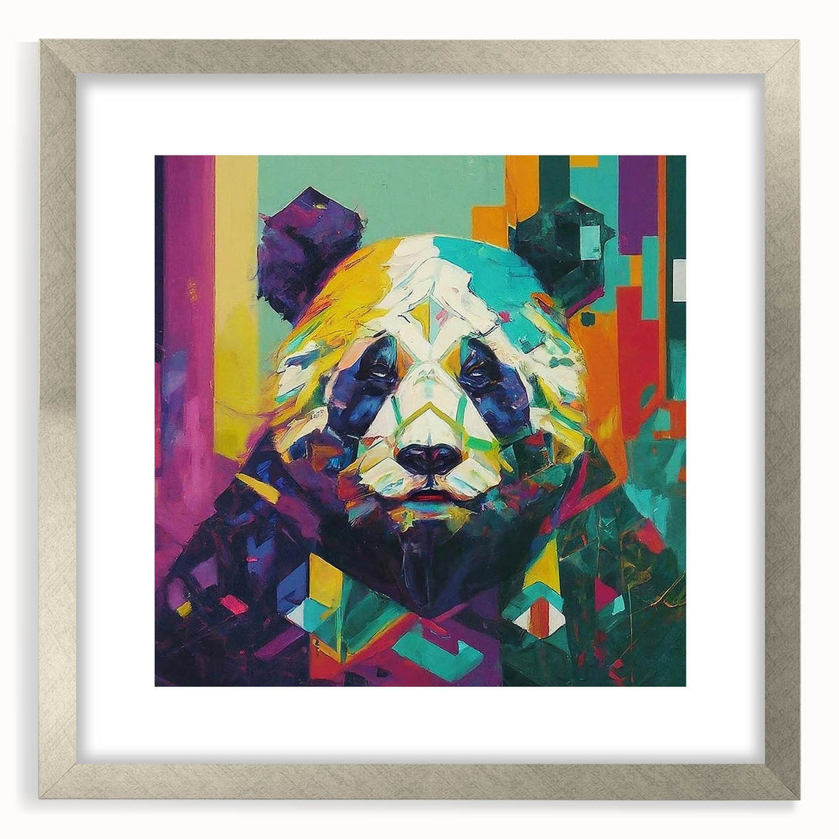 Framed silver wall art showcasing a charming panda bear design, perfect for children's rooms or playful decor, with a sleek mat for added elegance.