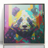 Framed wall art showcasing a panda bear design in a sleek silver frame, highlighted by an acrylic front for a modern touch, perfect for animal lovers' decor.