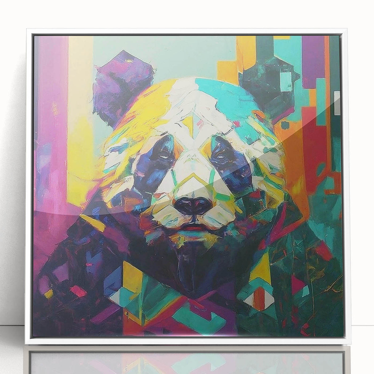 Framed acrylic wall art featuring a playful panda bear design in a modern white frame, ideal for children's room decor or animal-themed spaces.