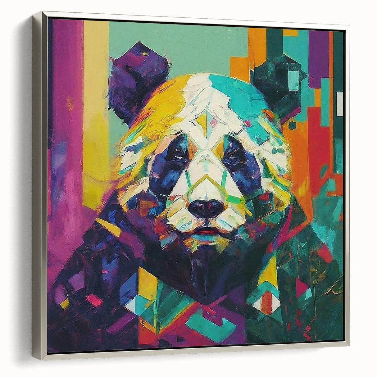 Framed wall art collection showcasing a panda bear design on canvas, featuring a sleek silver frame, ideal for modern home decor or children's rooms.