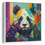 Framed canvas wall art displaying a playful panda bear design in a modern white frame, ideal for children's room decor. The artwork features vibrant colors and a whimsical style, perfect for adding a cheerful touch to any space.