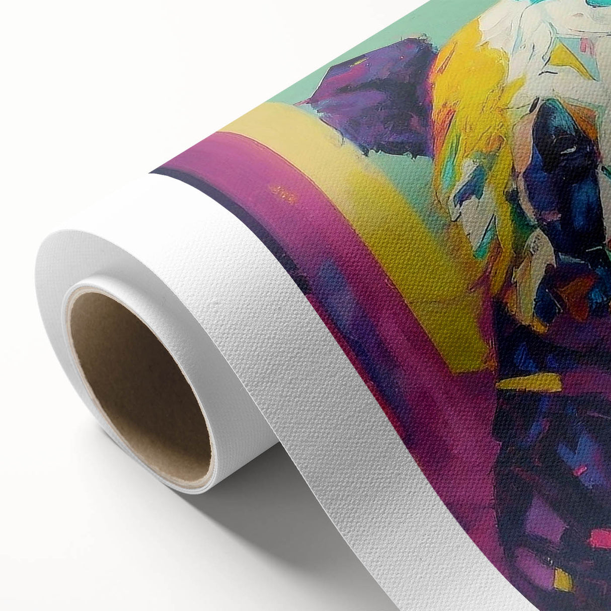 Rolled canvas print showcasing a playful panda bear design in vibrant colors, ideal for children's room decor or animal-themed art collections.