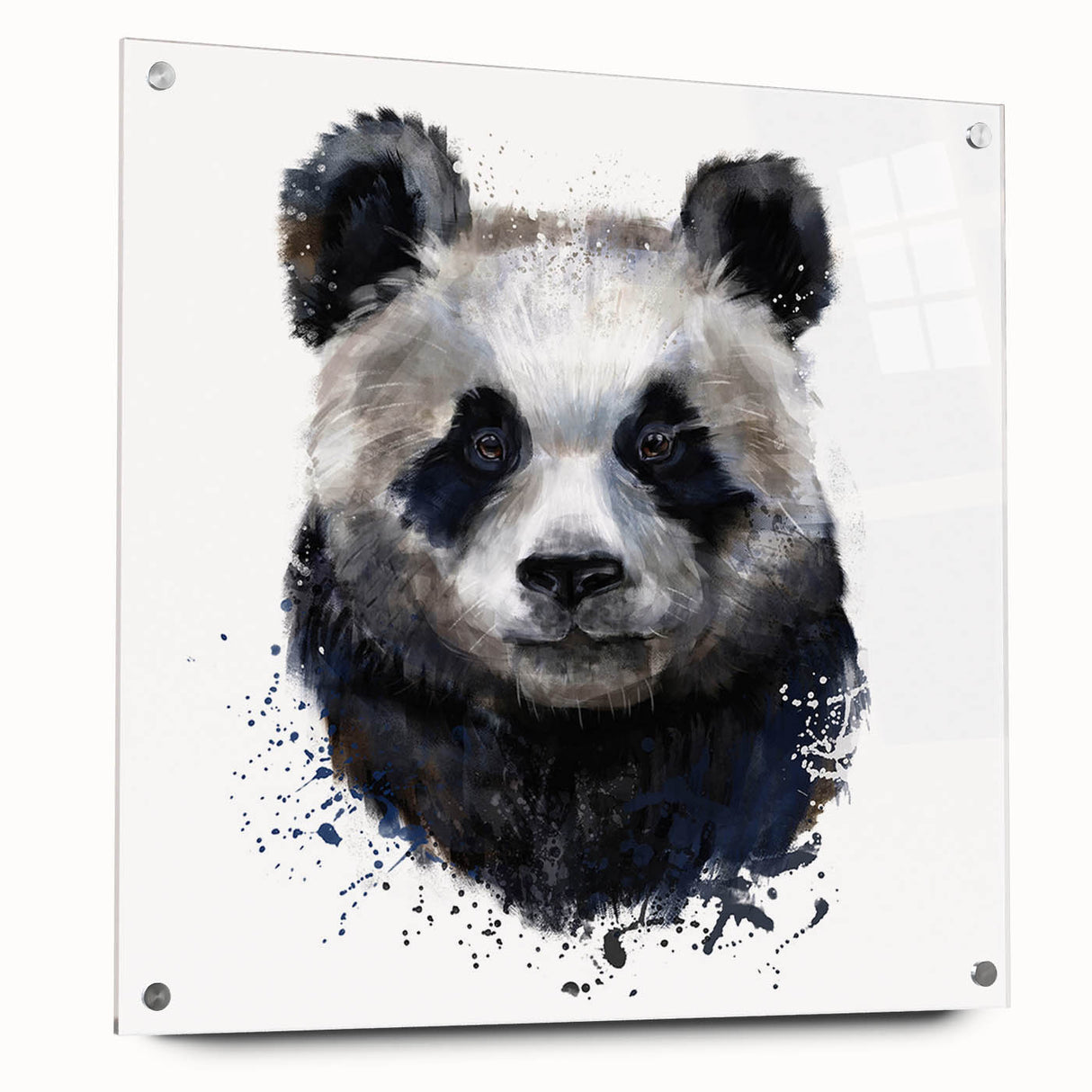 Acrylic wall art collection featuring a playful panda bear design, displayed in a sleek side view with mounting pins, perfect for children's rooms or playful decor.
