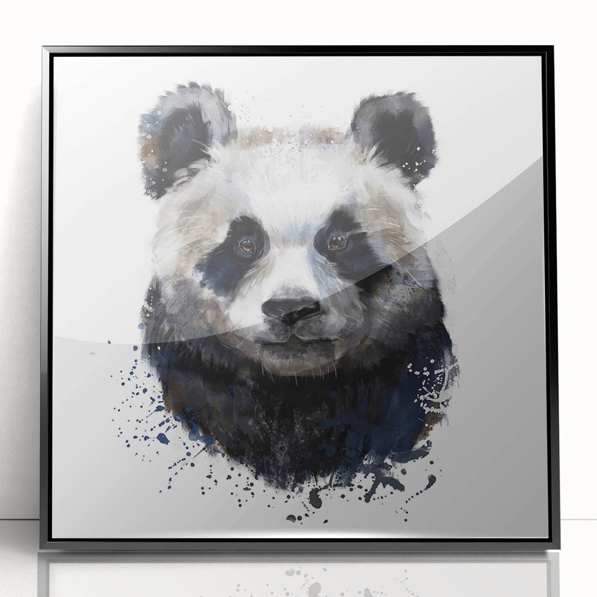 Framed wall art showcasing a playful panda bear design, featuring vibrant colors and a sleek black frame, ideal for children's decor or animal lovers.