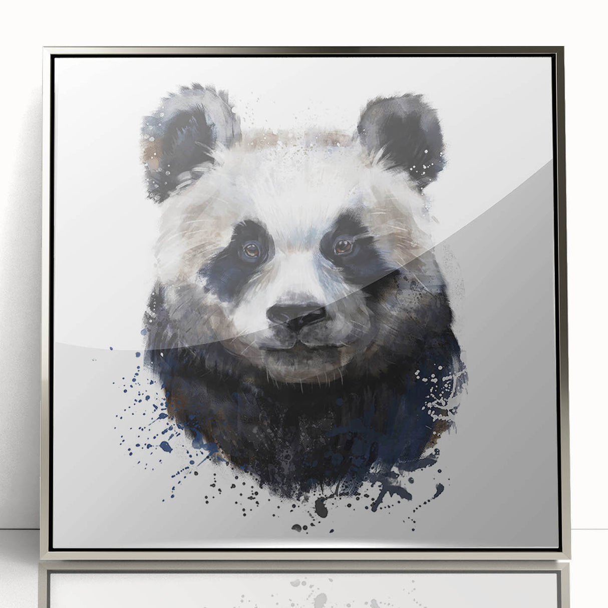 Framed wall art featuring a striking bear and panda design in vibrant colors, with a sleek silver frame, perfect for enhancing modern home decor. Ideal for animal lovers.
