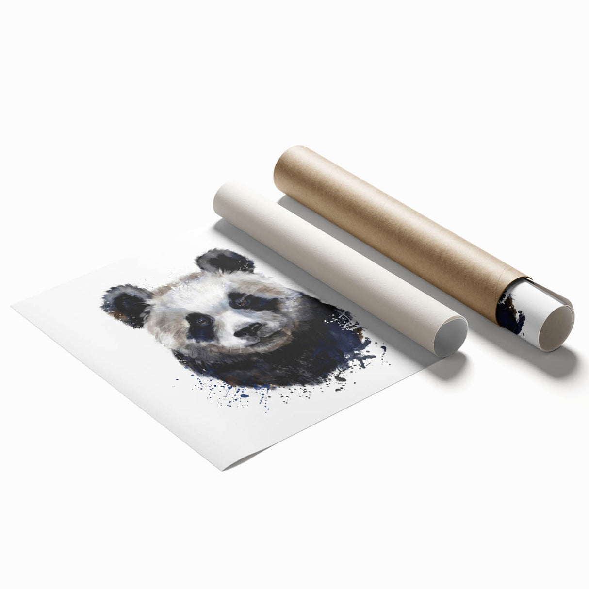 Panda bear illustration in a colorful, playful design, printed on rolled canvas for wall decor. Ideal for children's rooms or playful spaces, featuring vibrant hues and whimsical details.