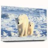 Vibrant polar bear wall art design displayed in an acrylic glass frame, showcasing a side view of the artwork with a sleek, modern aesthetic, perfect for home decor.