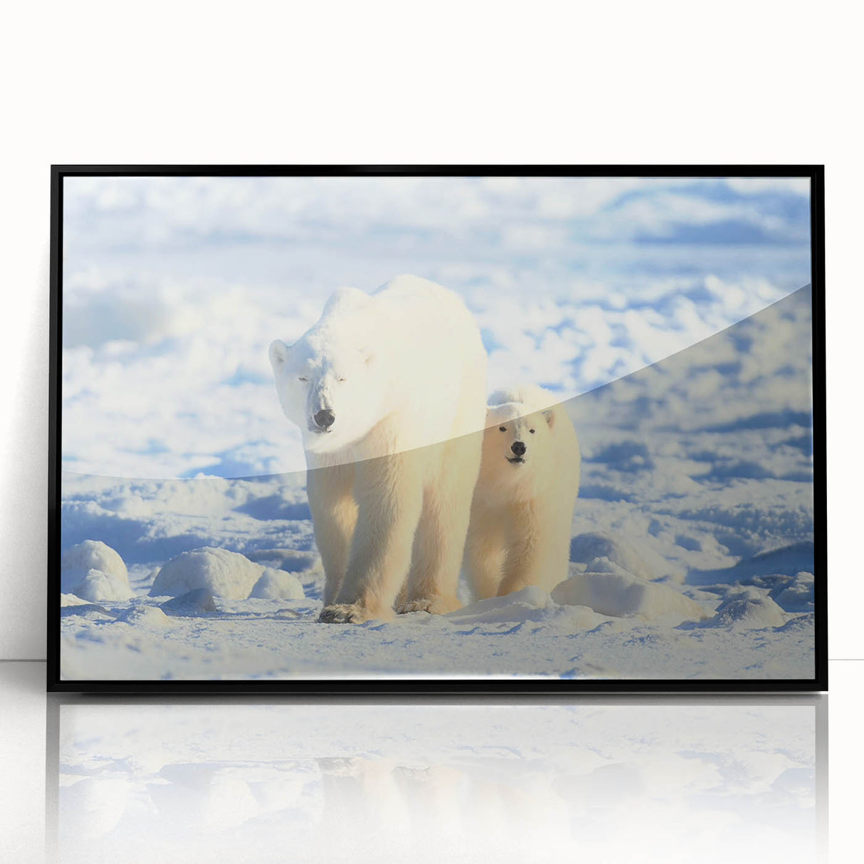 Framed wall art featuring a striking polar bear design in black acrylic, showcasing detailed textures against a modern backdrop, perfect for wildlife enthusiasts.