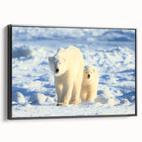 Framed canvas wall art showcasing a striking polar bear design, featuring a black frame and a side view that highlights its elegant contours, perfect for wildlife enthusiasts.