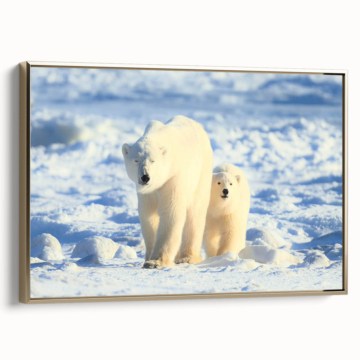 Framed canvas wall art featuring a striking polar bear design in gold accents, showcasing a side view of the artwork, perfect for animal-themed home decor.