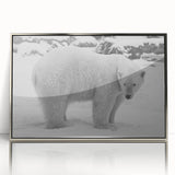 Framed wall art featuring a striking polar bear design in a modern silver frame, showcasing vibrant colors and intricate details, perfect for animal lovers' decor.