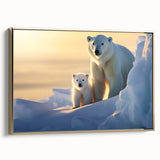 Framed wall art featuring a polar bear design on a textured canvas, accented with gold elements, showcasing a side view of the artwork in a modern interior setting.