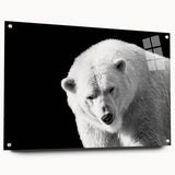 Polar bear wall art design displayed in an acrylic glass frame, showcasing a side view with decorative pins for a modern touch, perfect for wildlife enthusiasts.