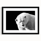 Polar bear wall art framed in black with a white mat, showcasing a minimalist design. Perfect for wildlife enthusiasts or modern decor lovers.