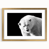 Polar bear wall art design framed with a gold mat, showcasing a serene polar bear in a snowy landscape, ideal for modern home decor. Perfect for animal lovers.