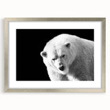 Polar bear wall art design featuring a striking silver frame and mat, showcasing a detailed illustration of a polar bear in a serene landscape, ideal for modern decor.