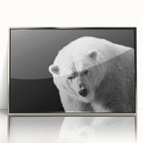 Framed wall art featuring a striking polar bear design in acrylic, showcasing intricate details and a sleek silver frame, perfect for modern home decor.