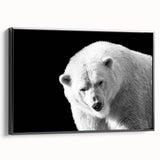 Framed canvas wall art featuring a striking polar bear design in monochrome, showcasing intricate details and a modern black frame, ideal for wildlife enthusiasts.