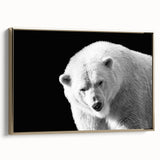 Framed canvas wall art showcasing a polar bear design with a gold frame, highlighting the animal's majestic presence and intricate details in a contemporary setting.