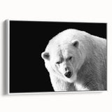 Framed polar bear wall art featuring a serene white and blue design, showcasing a side view of the bear against a minimalist background, perfect for modern decor.