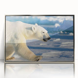 Framed wall art featuring a striking polar bear design with a sleek silver acrylic front. Perfect for adding a modern touch to home decor, emphasizing wildlife conservation.