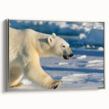 Framed wall art featuring a polar bear design on a textured canvas, showcasing a silver frame with a side view. Ideal for animal lovers and modern decor enthusiasts.