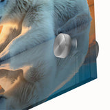 Close-up of a striking polar bear wall art design, showcasing intricate details and vibrant colors on acrylic glass, ideal for nature-themed decor.