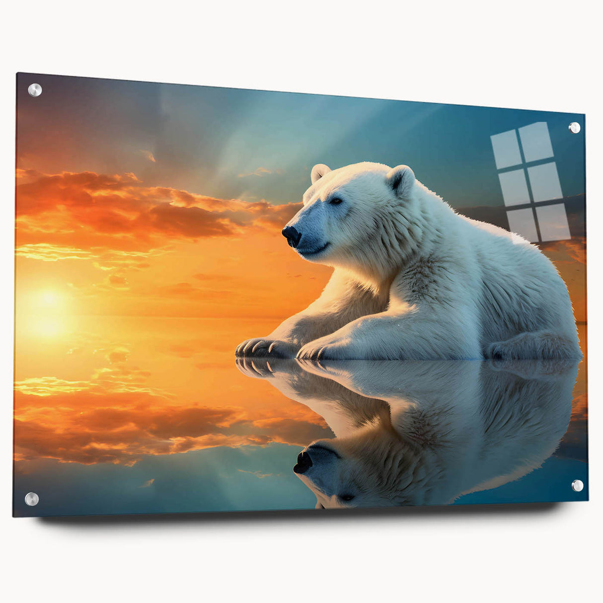 Acrylic wall art featuring a polar bear design with a sleek side view, showcasing vibrant colors and intricate details, perfect for modern home decor.