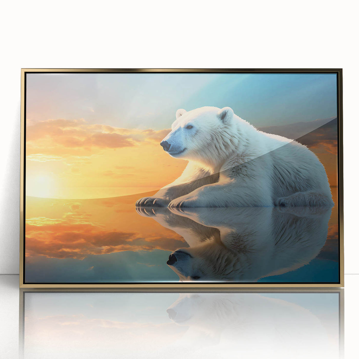 Framed wall art featuring a striking polar bear design in a gold-acrylic frame, showcasing intricate details and vibrant colors, perfect for animal lovers and home decor enthusiasts.