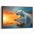 Framed canvas wall art featuring a polar bear design, displayed from a black side view, showcasing its detailed texture and vibrant colors, perfect for wildlife decor.