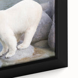 Close-up of a framed canvas featuring a polar bear design in a minimalist style, showcasing intricate details and soft color tones, perfect for modern home decor.