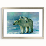 Polar bear wall art piece framed with a silver mat, showcasing a striking design ideal for modern home decor, evoking a sense of nature and wildlife appreciation.