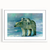 Polar bear-themed wall art design framed in white with a mat, showcasing a captivating illustration perfect for enhancing home decor and wildlife appreciation.