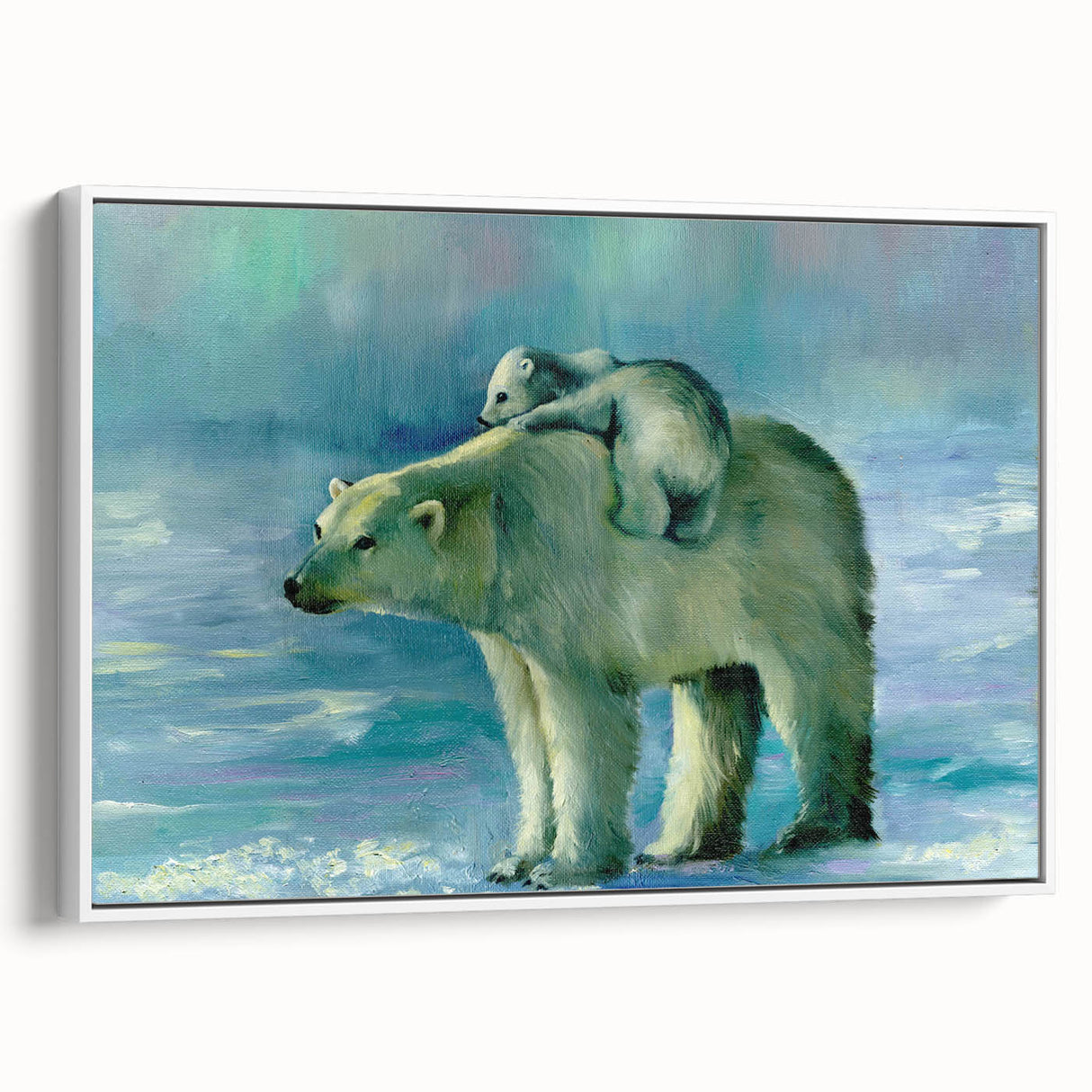 Framed canvas wall art showcasing a polar bear design in a white frame, highlighting the animal's serene expression and intricate details, perfect for nature lovers' decor.