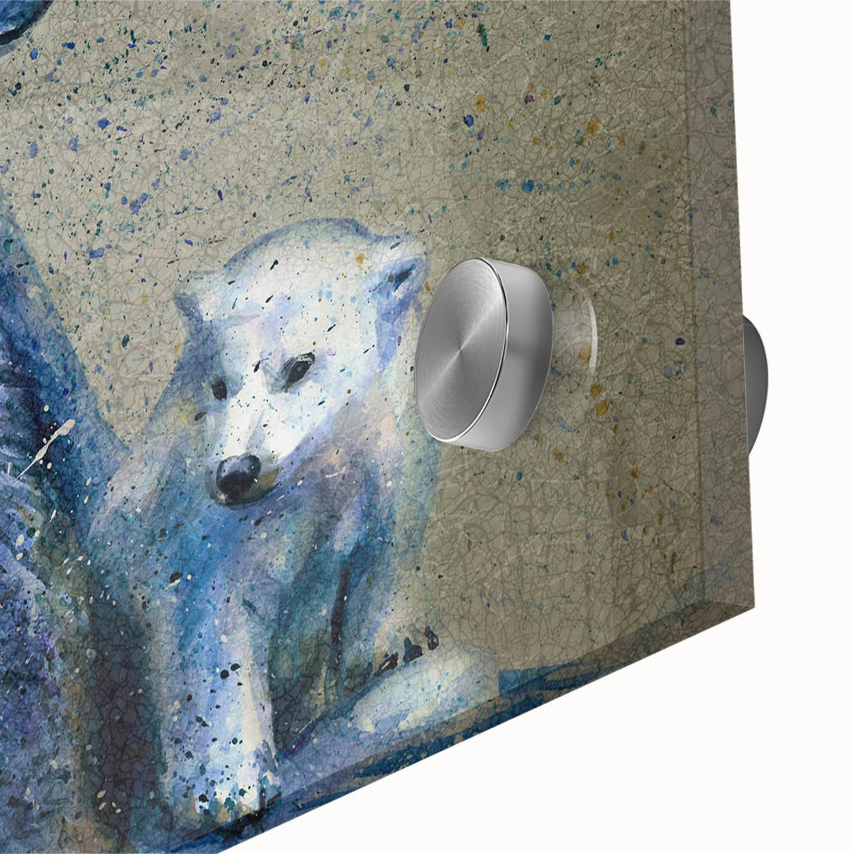 Close-up of a vibrant polar bear wall art piece showcasing intricate design details on acrylic glass, perfect for modern home decor and wildlife enthusiasts.
