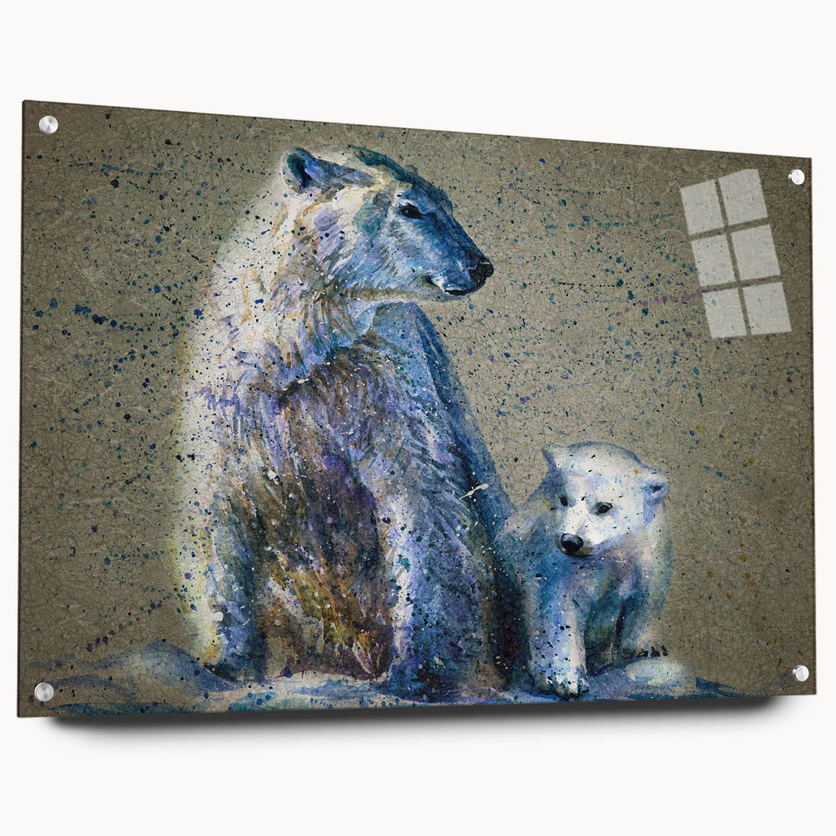 Acrylic wall art featuring a side view of a polar bear design, displaying intricate details and vivid colors, ideal for home or office decor. Perfect for animal lovers and modern art enthusiasts.