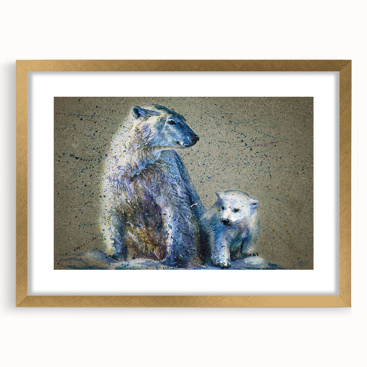 Elegant framed wall art featuring a polar bear design with a gold mat, showcasing a modern aesthetic perfect for home decor in living rooms or nurseries.