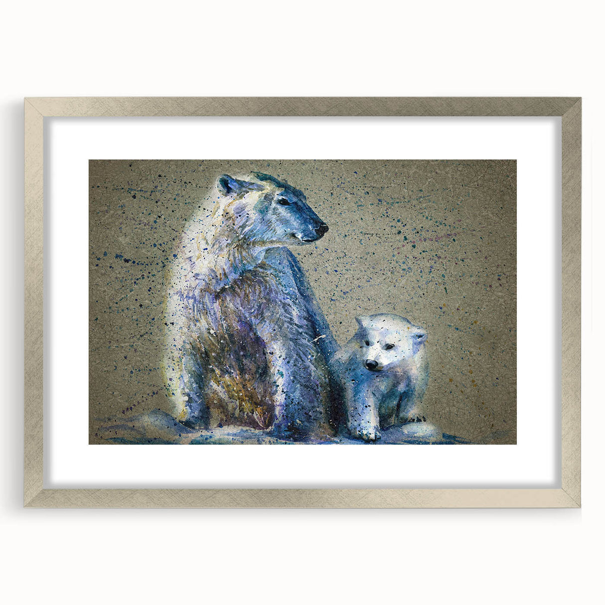 Polar bear wall art design featuring a sleek silver frame and mat, showcasing a majestic polar bear in a stunning Arctic landscape, ideal for home decor.