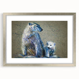 Polar bear wall art design featuring a sleek silver frame and mat, showcasing a majestic polar bear in a stunning Arctic landscape, ideal for home decor.