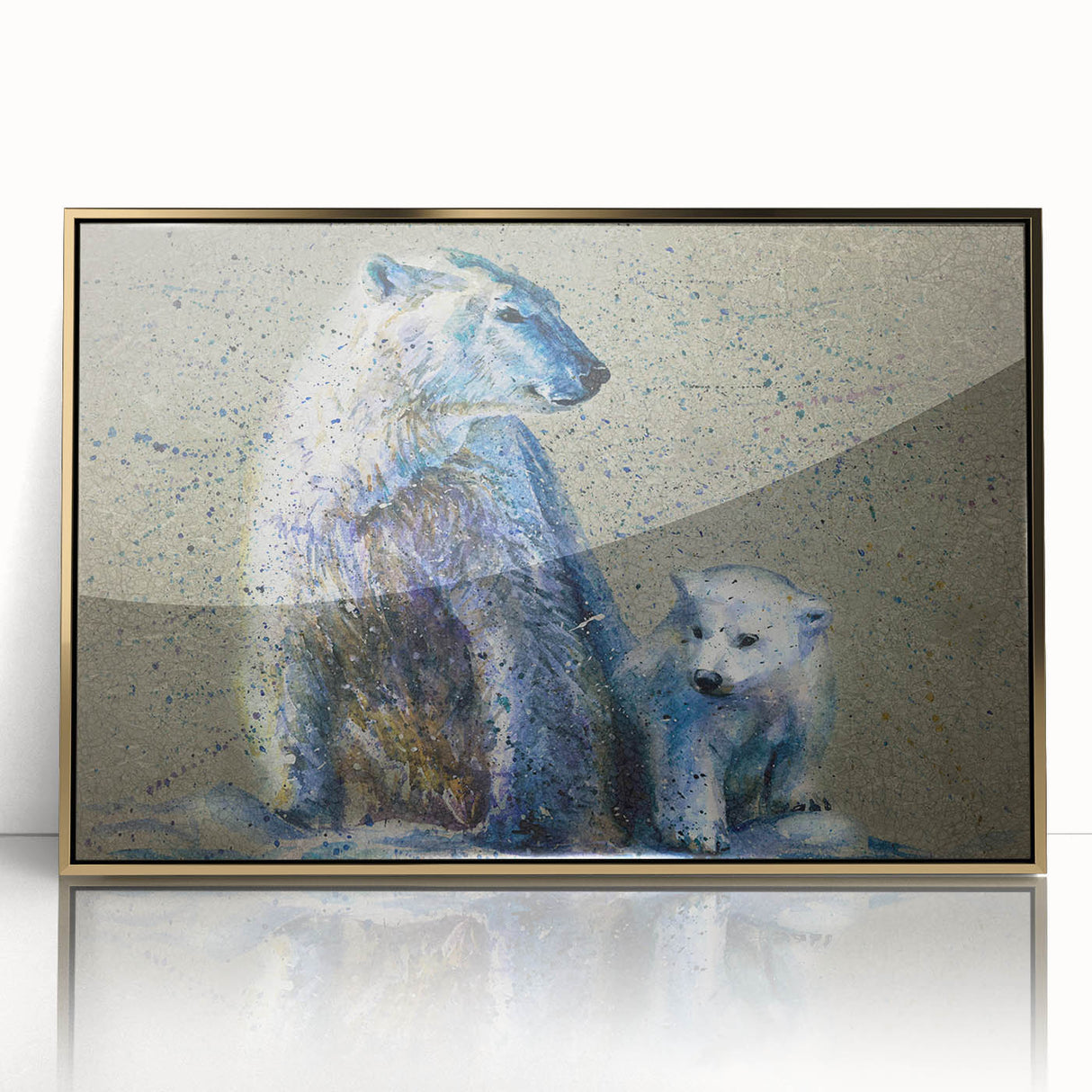 Framed wall art showcasing a polar bear design, featuring a sleek gold-acrylic finish, perfect for adding a touch of elegance to contemporary decor.