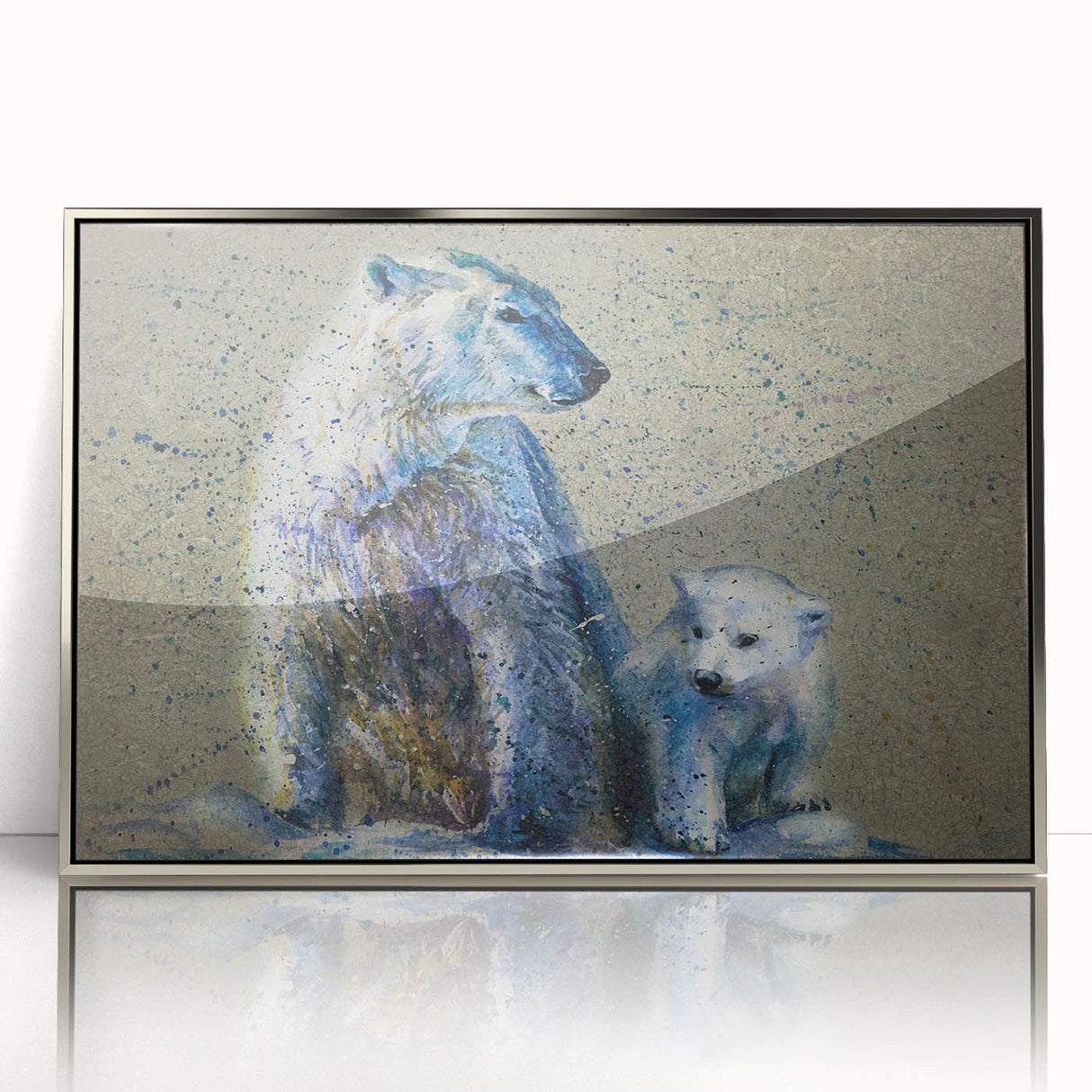 Framed wall art showcasing a striking polar bear design, set in a sleek silver acrylic frame, perfect for modern home decor. Ideal for animal lovers and Arctic enthusiasts.