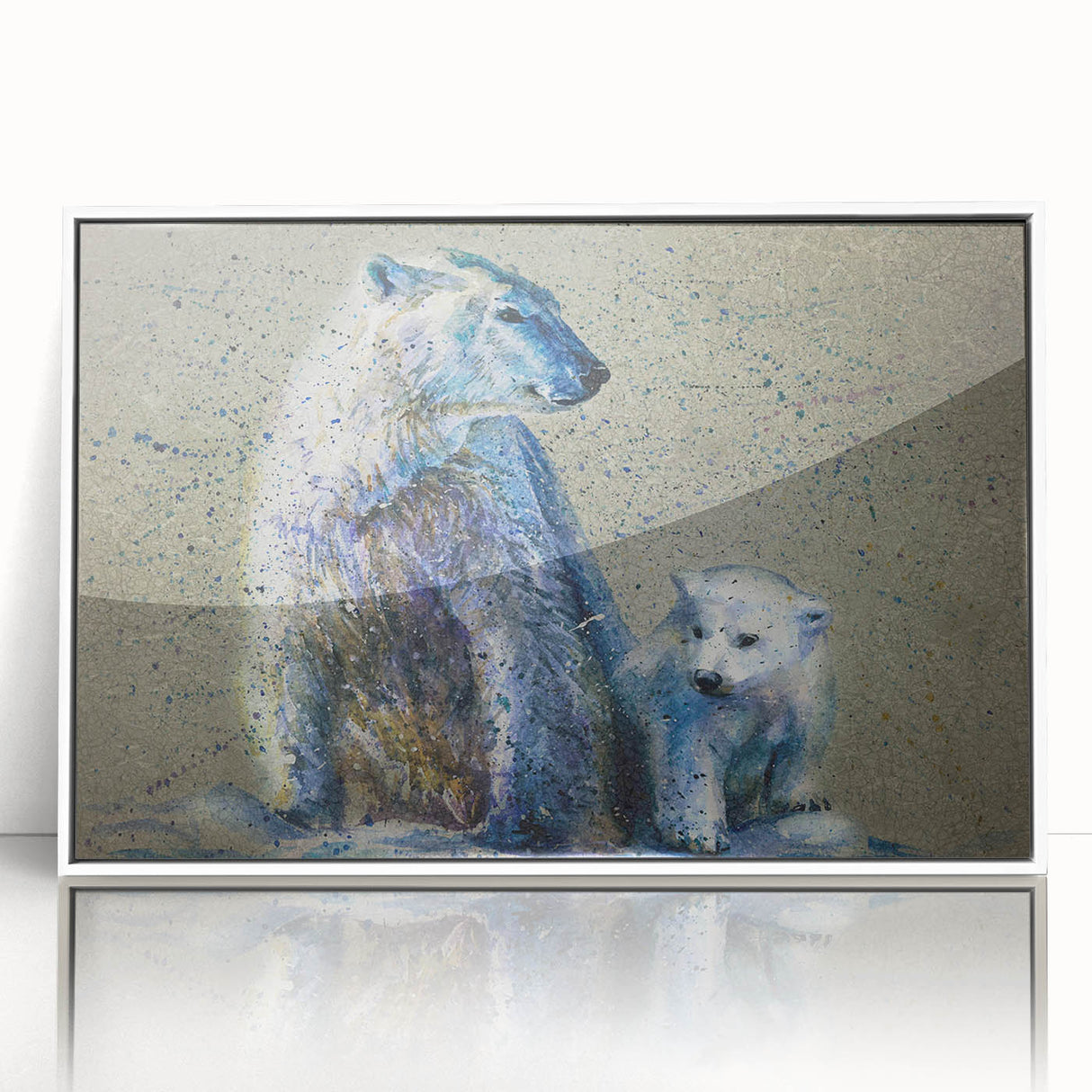 Framed wall art featuring a striking polar bear design, showcasing intricate details in white and blue colors, ideal for enhancing modern home decor.