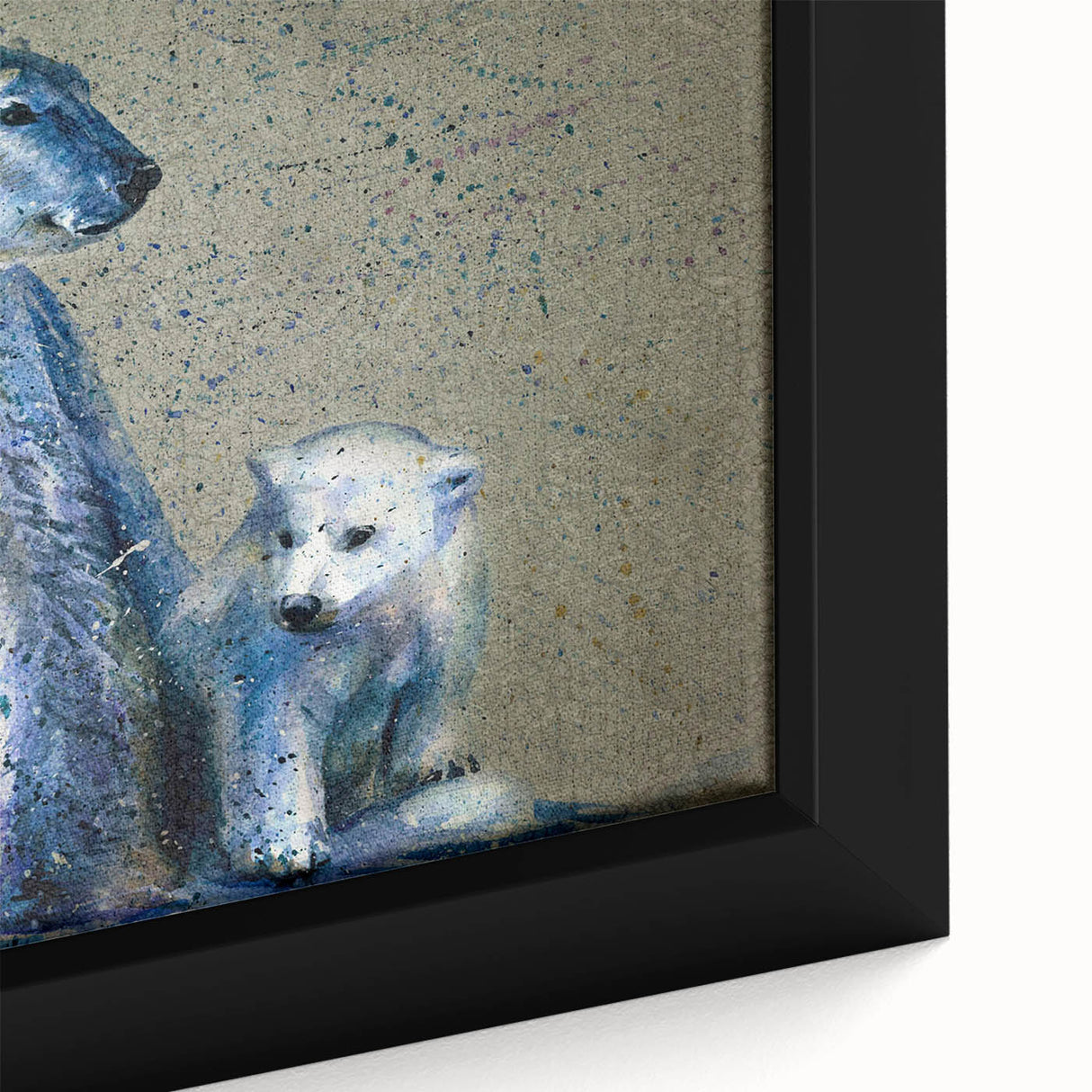 Close-up of a framed canvas wall art showcasing a polar bear design, featuring intricate details and vibrant colors, perfect for wildlife enthusiasts and modern decor.