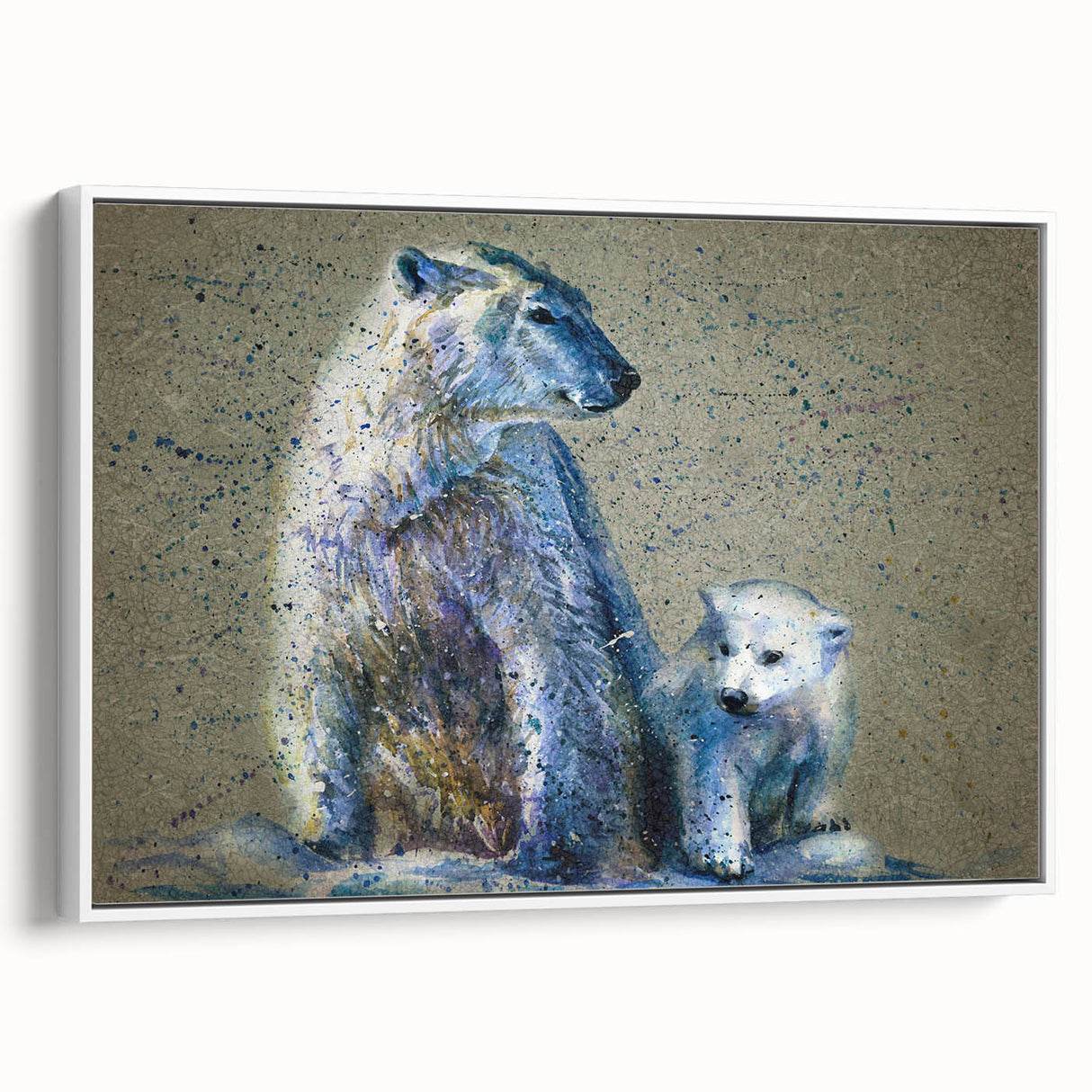 Framed canvas wall art showcasing a polar bear design, featuring a white background and side view perspective, ideal for wildlife enthusiasts and modern decor.