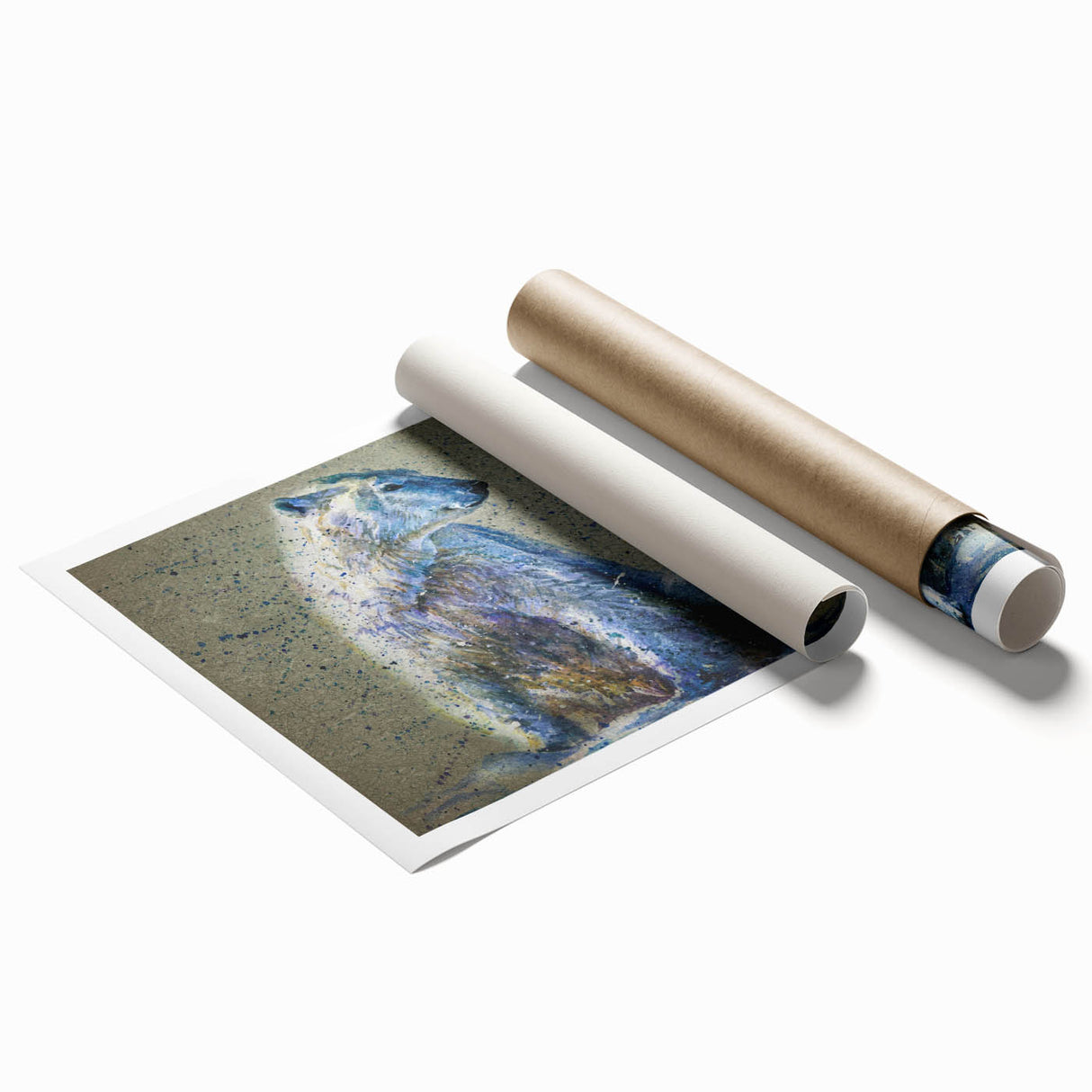 Polar bear wall art design featuring a majestic polar bear against a serene icy backdrop, ideal for home decor and wildlife enthusiasts. This rolled print captures intricate details and vibrant colors, perfect for adding a touch of nature to any space.