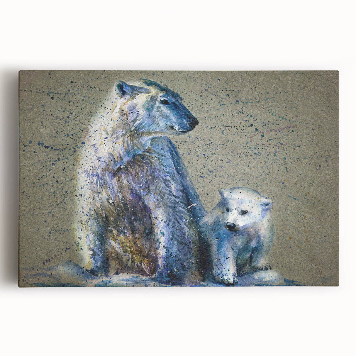 Stretched canvas wall art showcasing a detailed polar bear design, featuring a serene winter landscape with soft blue and white tones, perfect for nature-themed decor.